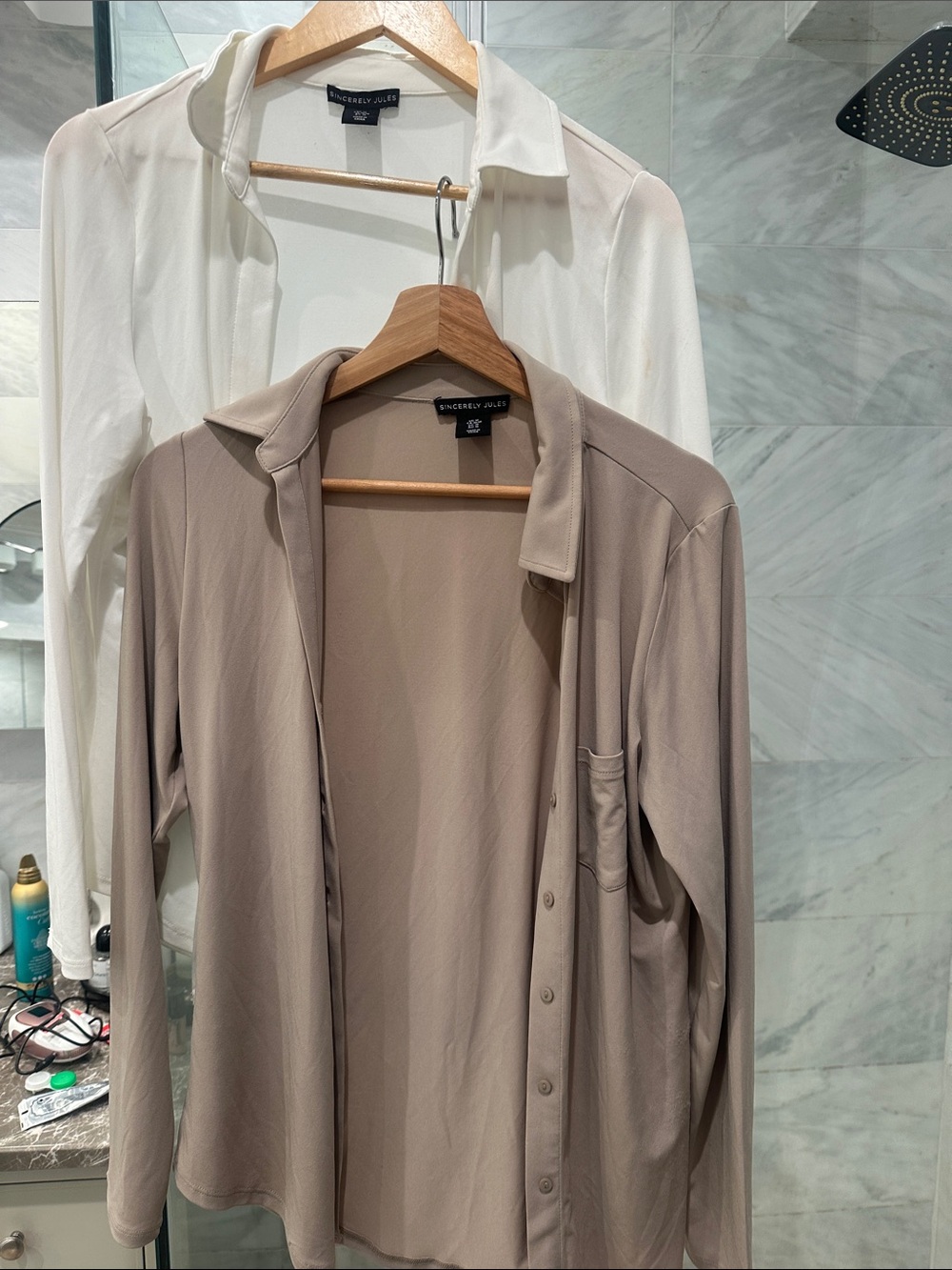 Sincerly Jules Lightweight Button-Up Shirt Jacket in Taupe and Cream